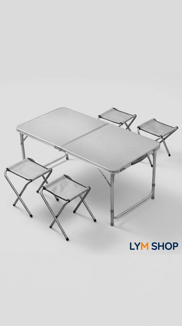 Mesa plegable plata con sus 4 sillas plegables