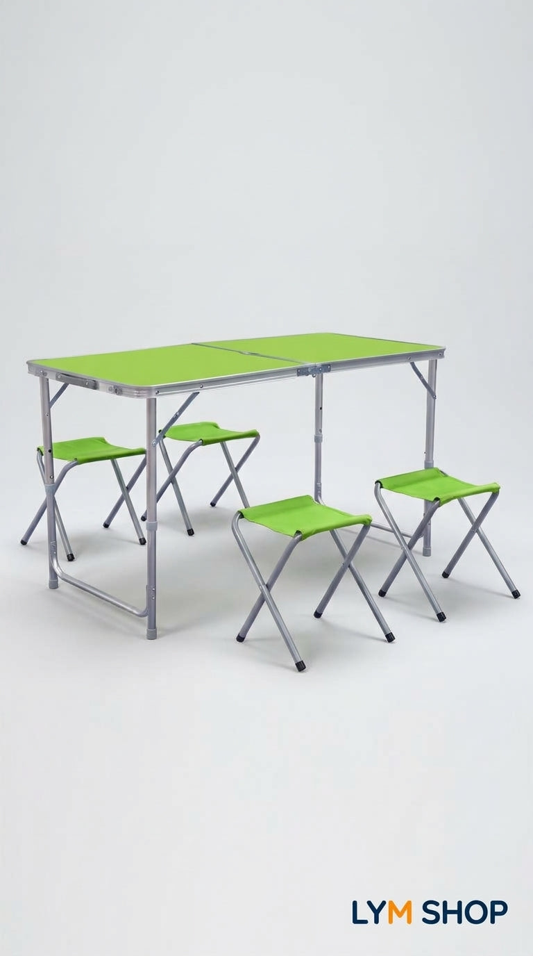 Mesa plegable verde con sus 4 sillas plegables