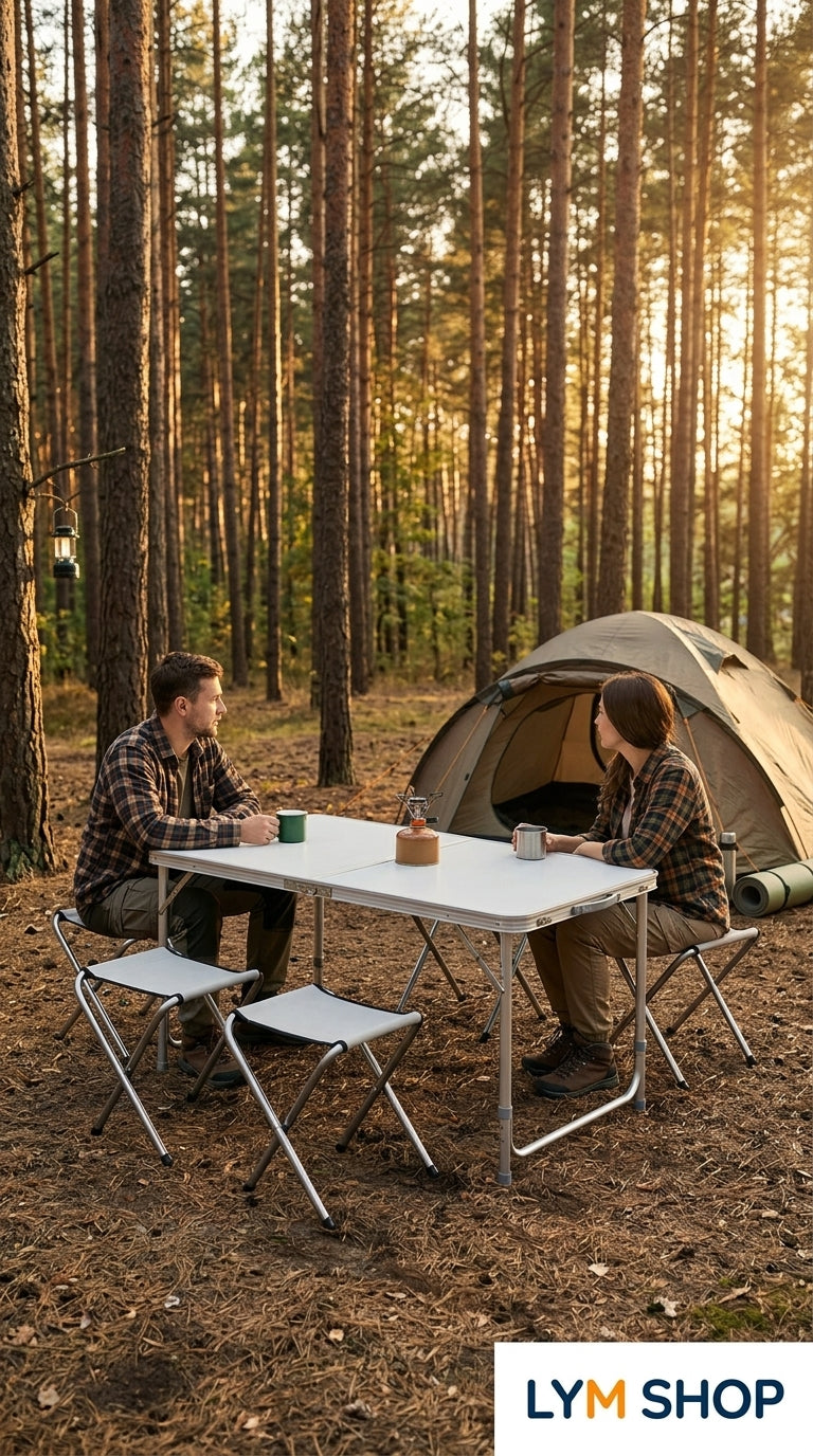 Pareja acampando en el bosque junto a la mesa plegable