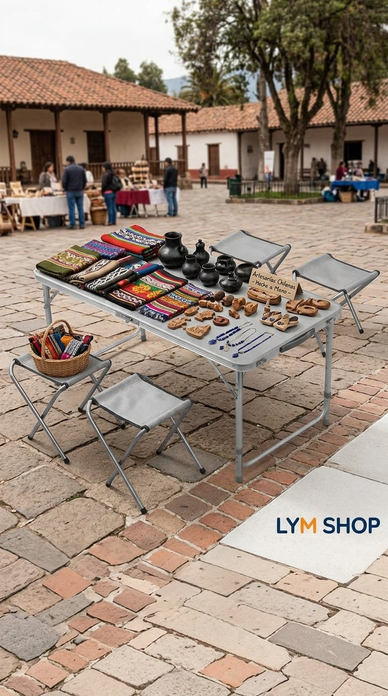 Mesa plegable usada como puesto en una feria al aire libre