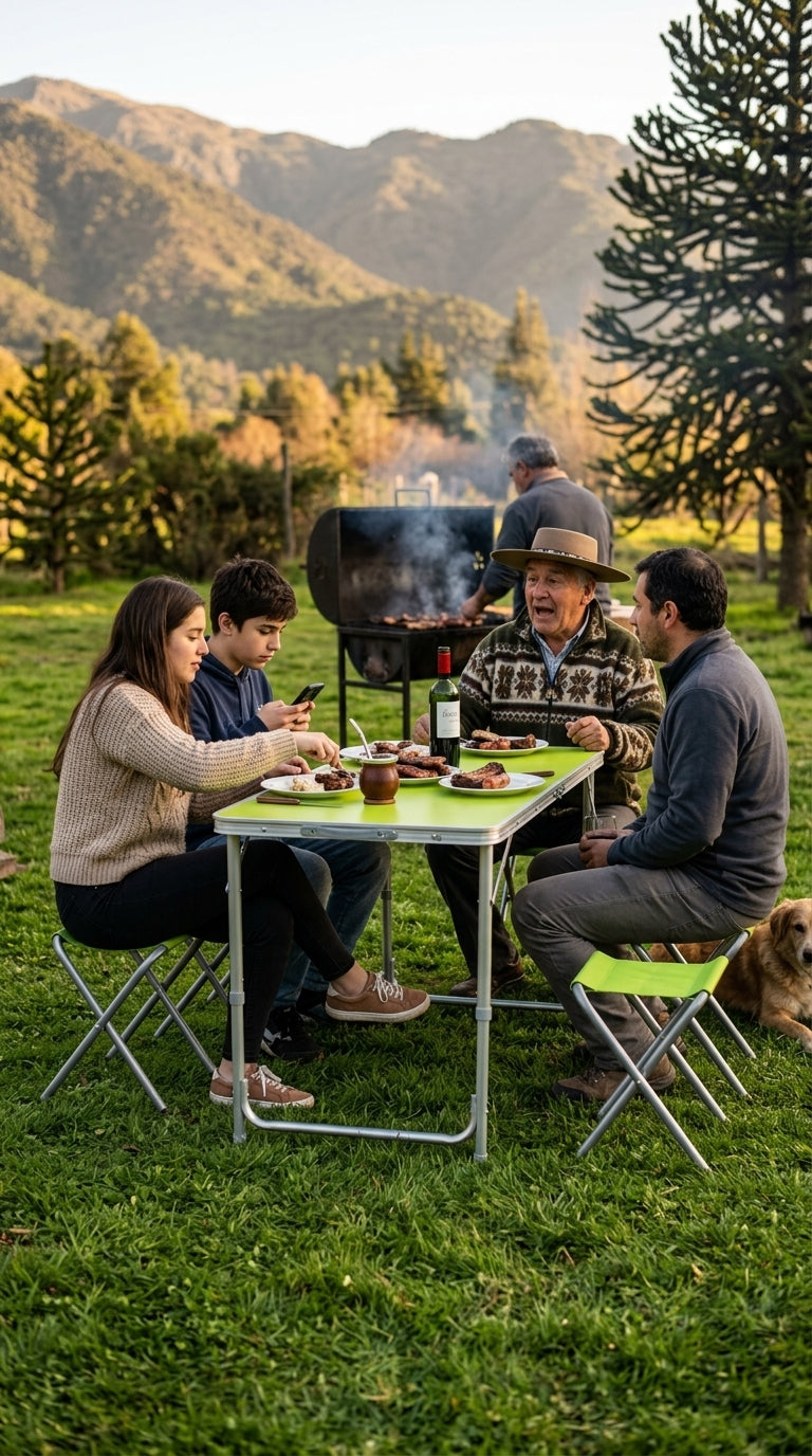 Amigos y familia comiendo en un asado alrededor de la mesa plegable