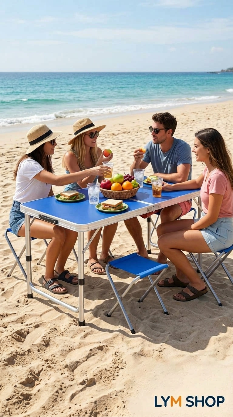 Amigos en un picnic en la playa con la mesa plegable