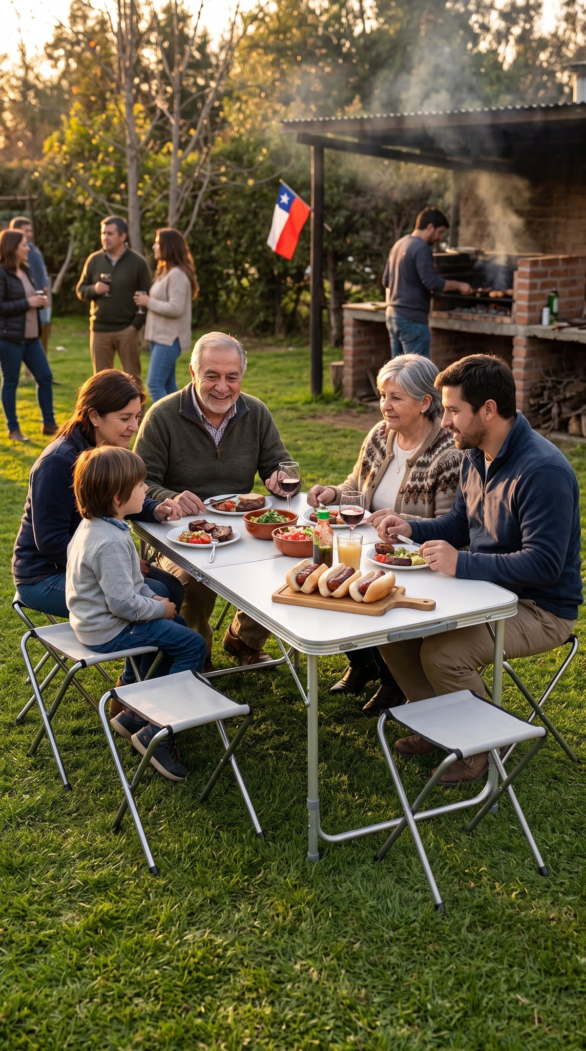 Familia comiendo en un asado alrededor de la mesa plegable