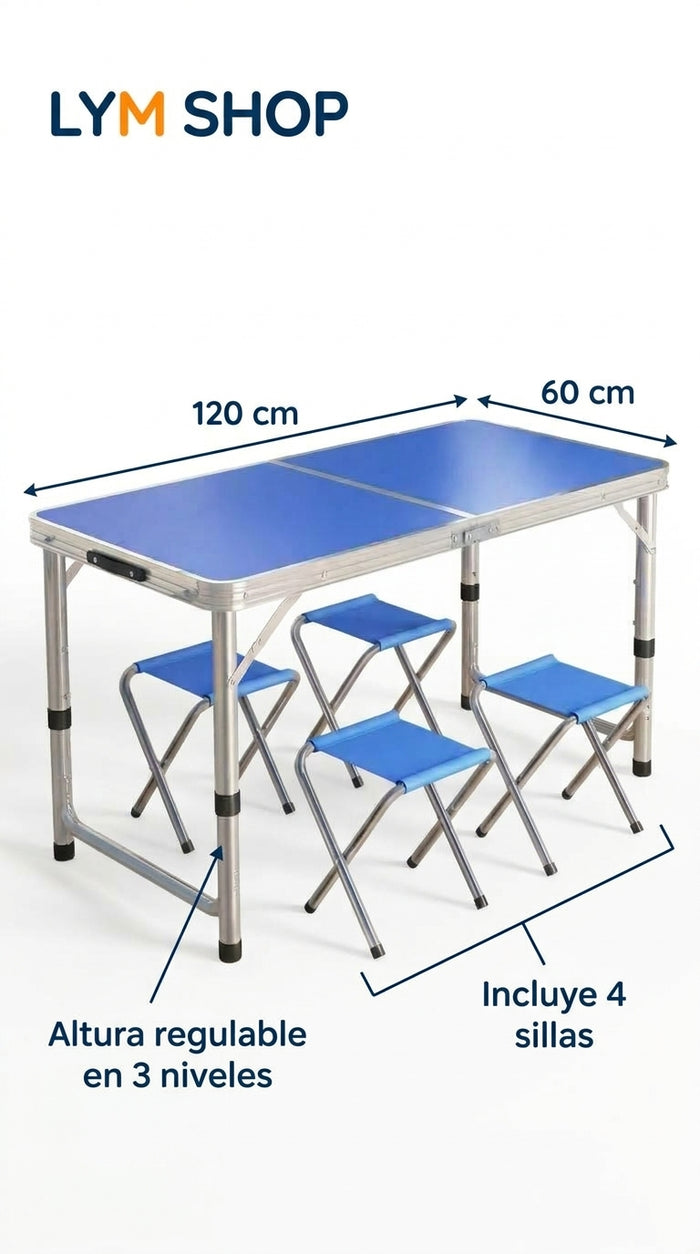 Infografía de la mesa: 120 cm de largo, 60 cm de ancho, altura regulable en 3 niveles e incluye 4 sillas