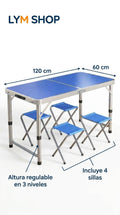 Mesa plegable azul de 120 x 60 cm con altura regulable en 3 niveles e incluye 4 sillas