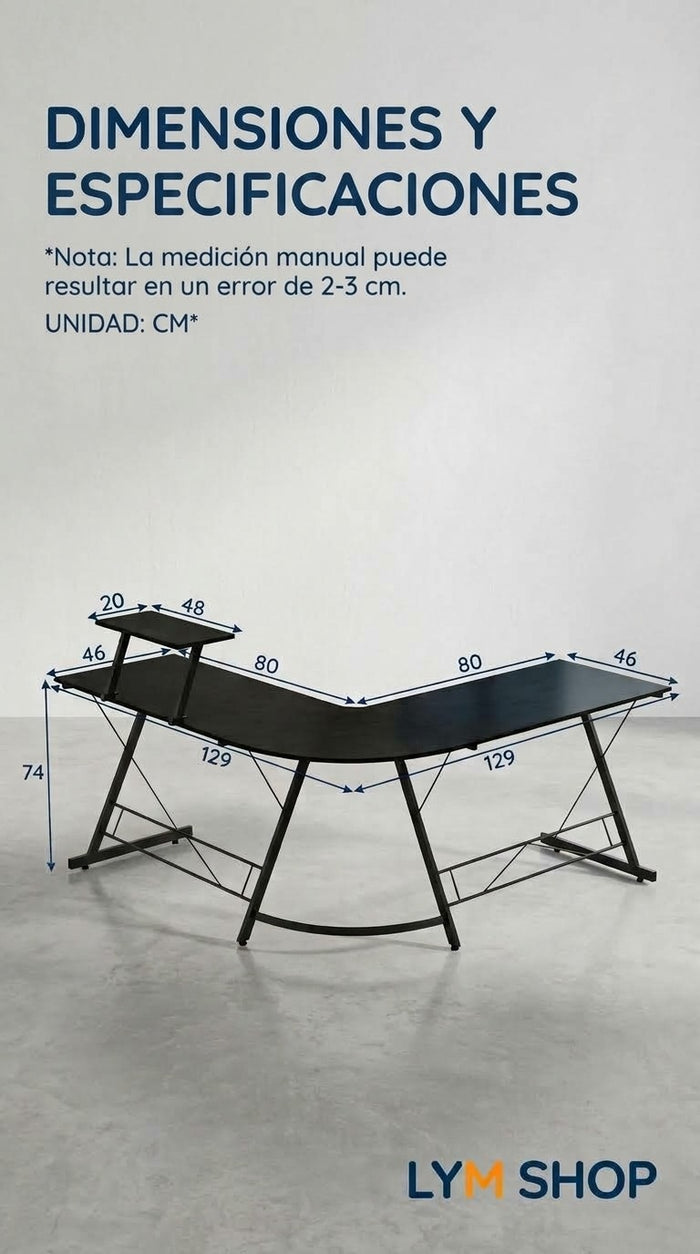 Infografía de medidas: 129 cm por lado, 46 cm de ancho, 74 cm de alto y estante de 48 por 20 cm