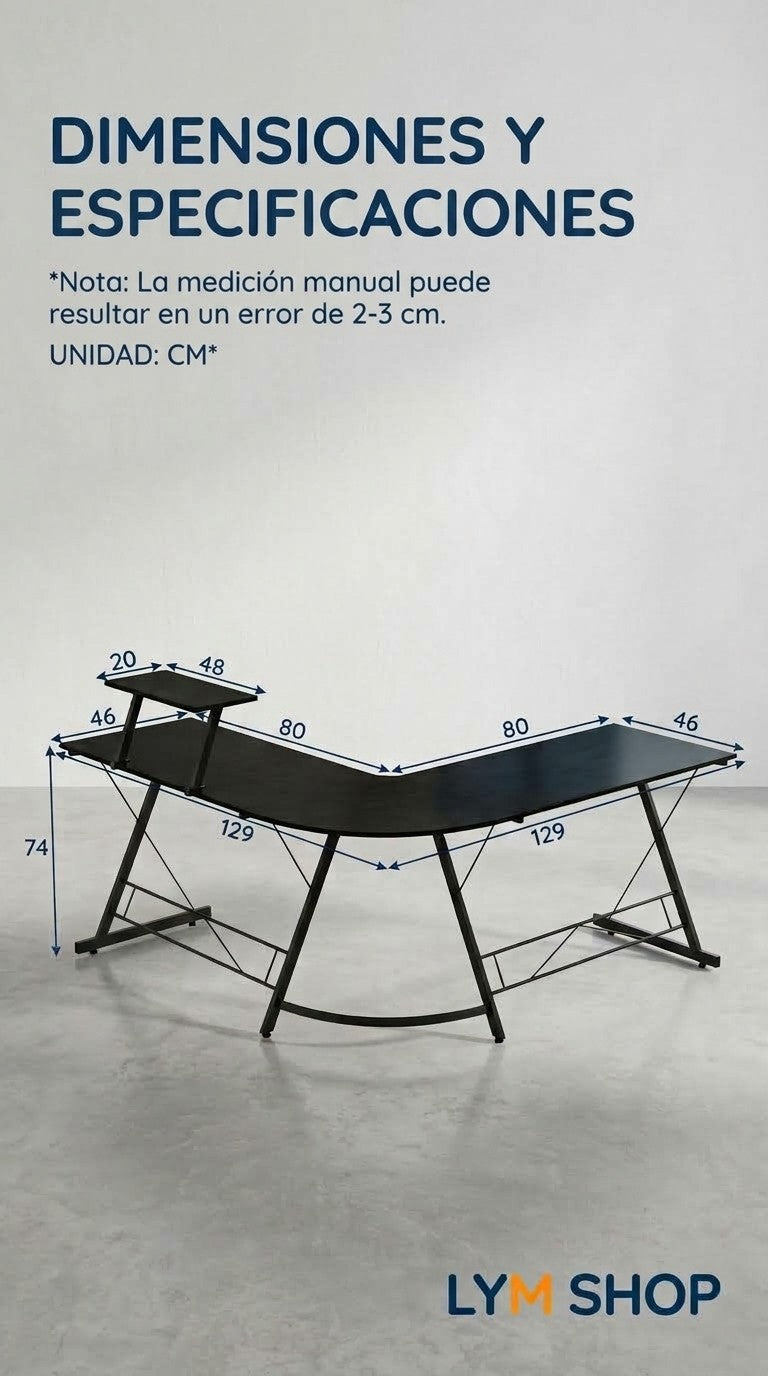 Medidas del escritorio: 129 cm por lado, 46 cm de ancho, 74 cm de alto y estante de 48 por 20 cm
