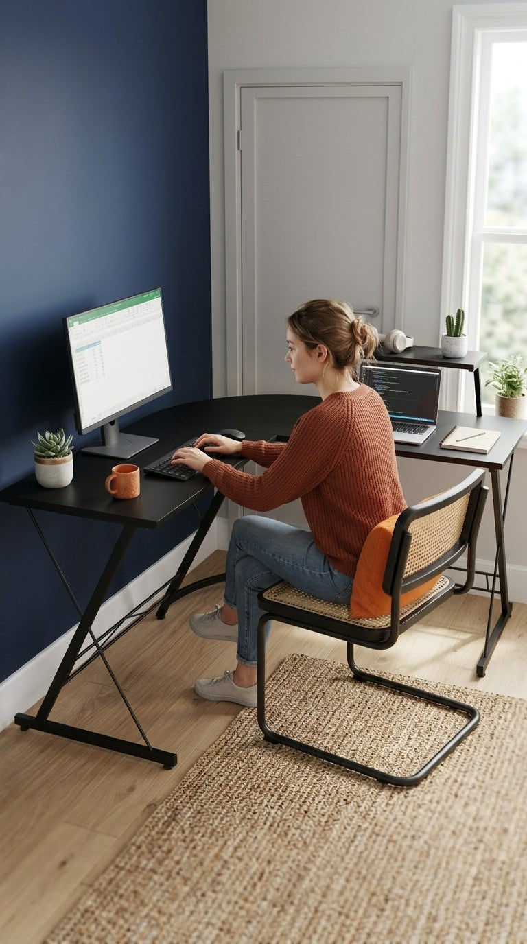 Mujer trabajando en el escritorio esquinero en L con monitor y notebook